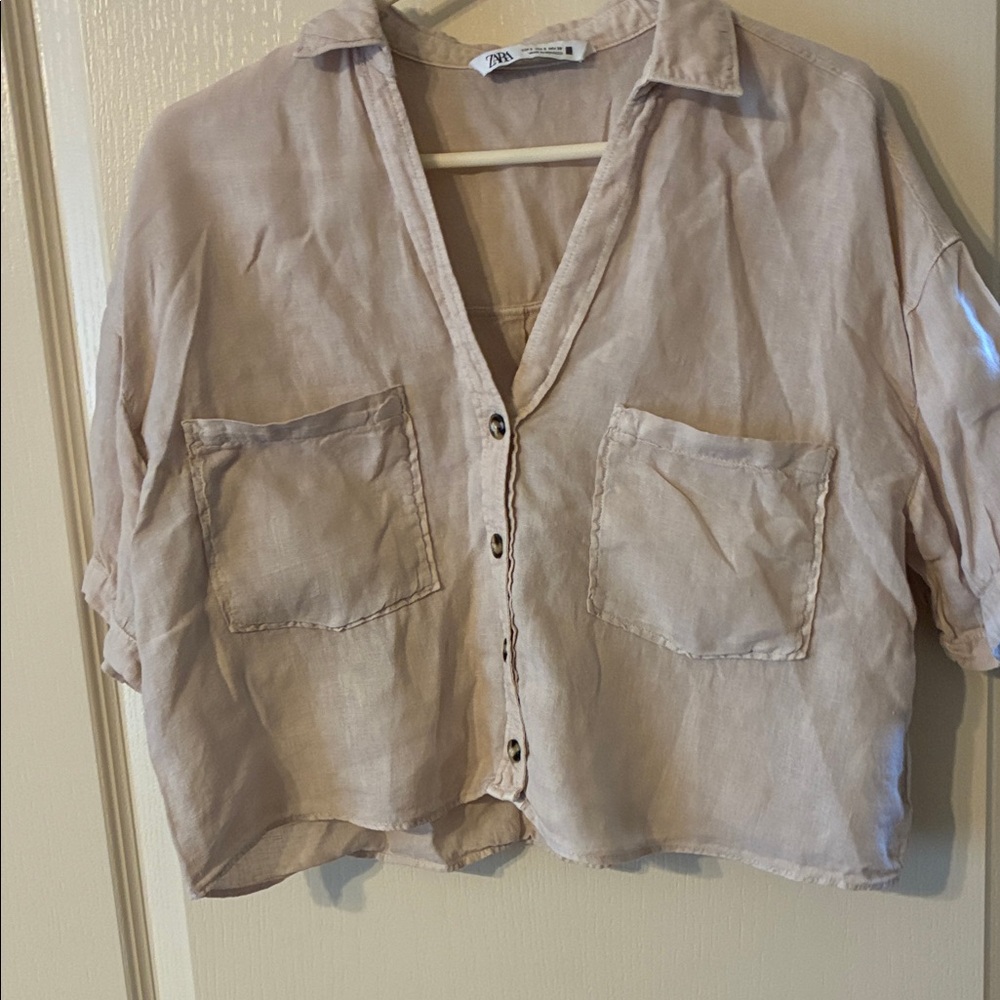 Zara Light Tan Linen Crop Top small